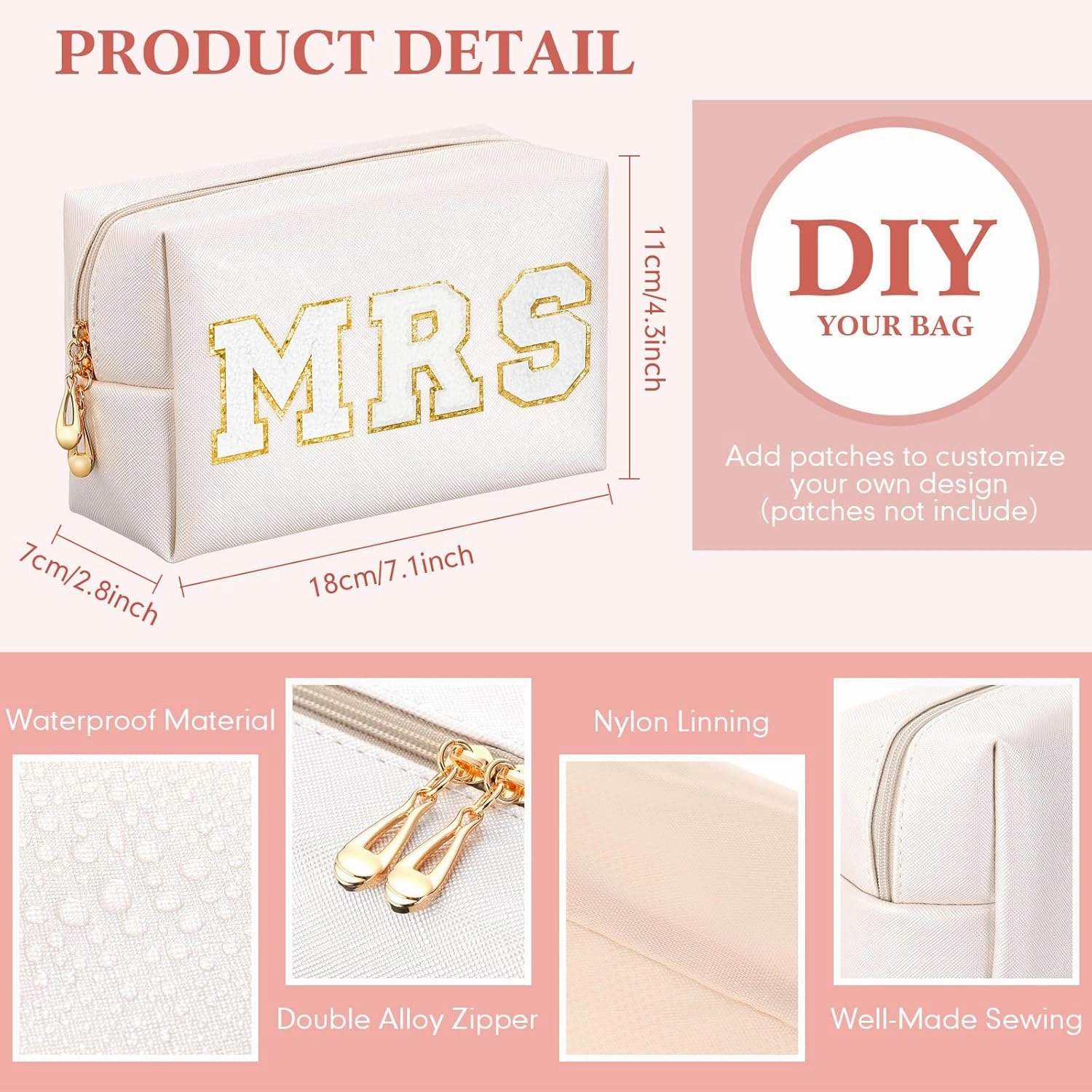 Cunno 50 Pcs Makeup Bag Bulk PU Leather DIY Cosmetic Plain Preppy Makeup Pouch Portable Waterproof Toiletry Bags for Women Travel Pencil Case Cosmetic Organizer, Ivory White