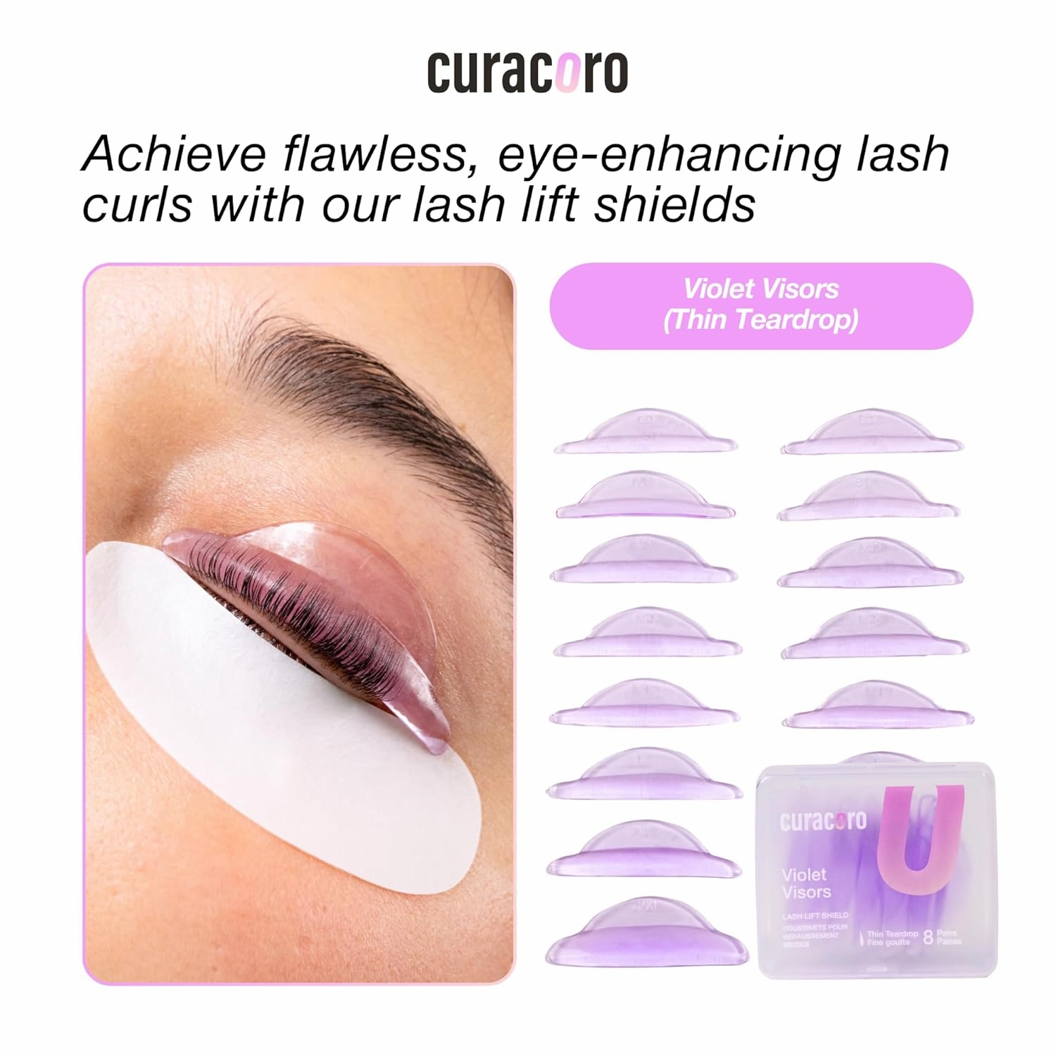 Curacoro Lash Lift Shields, 16 Pcs/8 Sizes Lash Lift Rods, Lash Lift Pads for Eyelash Curling and Lifting, Reusable Silicone Lash Rods for Eyelash Perm Lamination