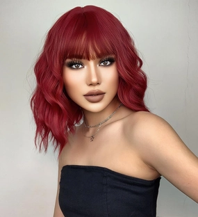 Curly Bob Wig with Bangs Short Wavy Wine Red Wigs for Women Natural Looking Synthetic Heat Resistant Fiber Burgundy Wig for Daily Party Use (Wine Red)