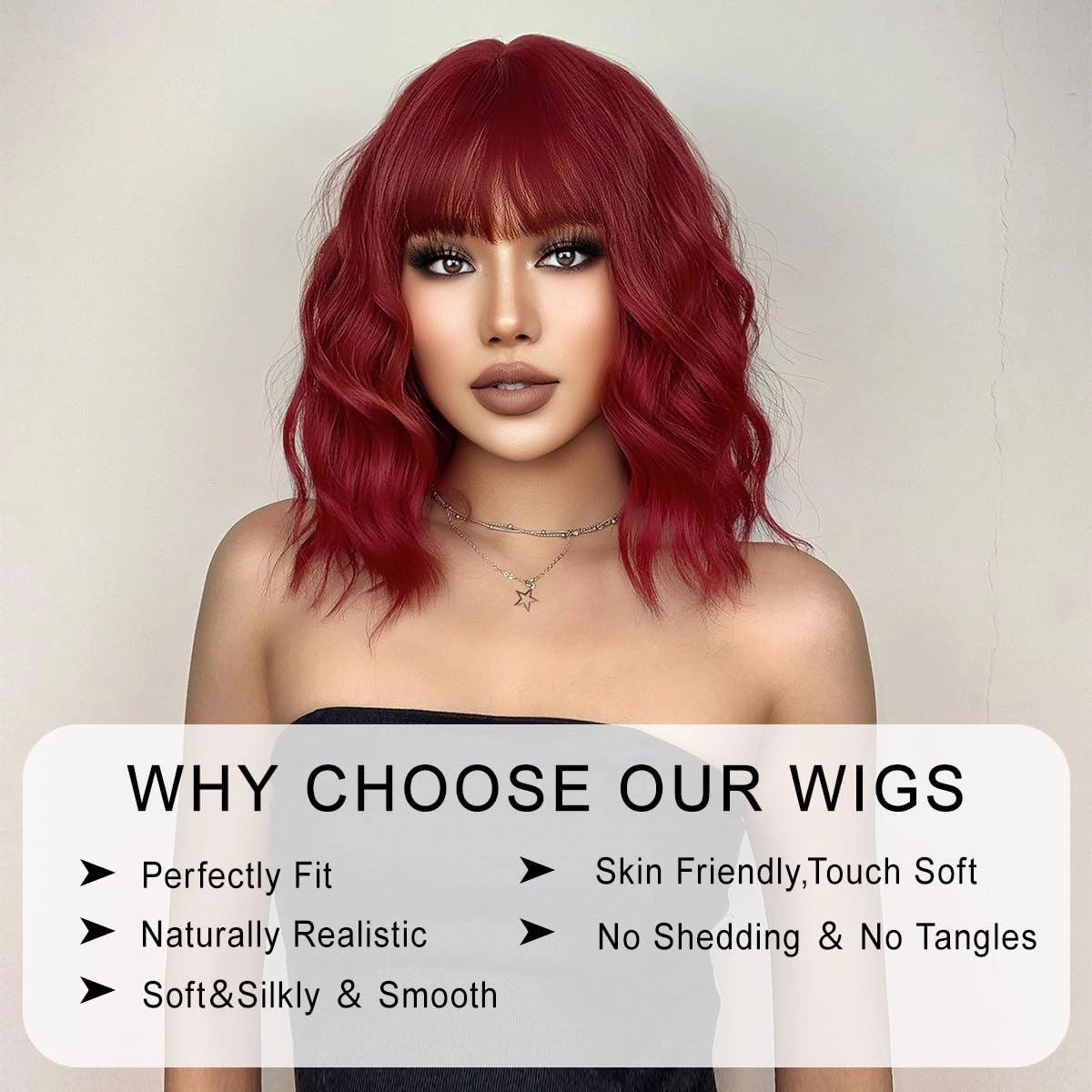 Curly Bob Wig with Bangs Short Wavy Wine Red Wigs for Women Natural Looking Synthetic Heat Resistant Fiber Burgundy Wig for Daily Party Use (Wine Red)
