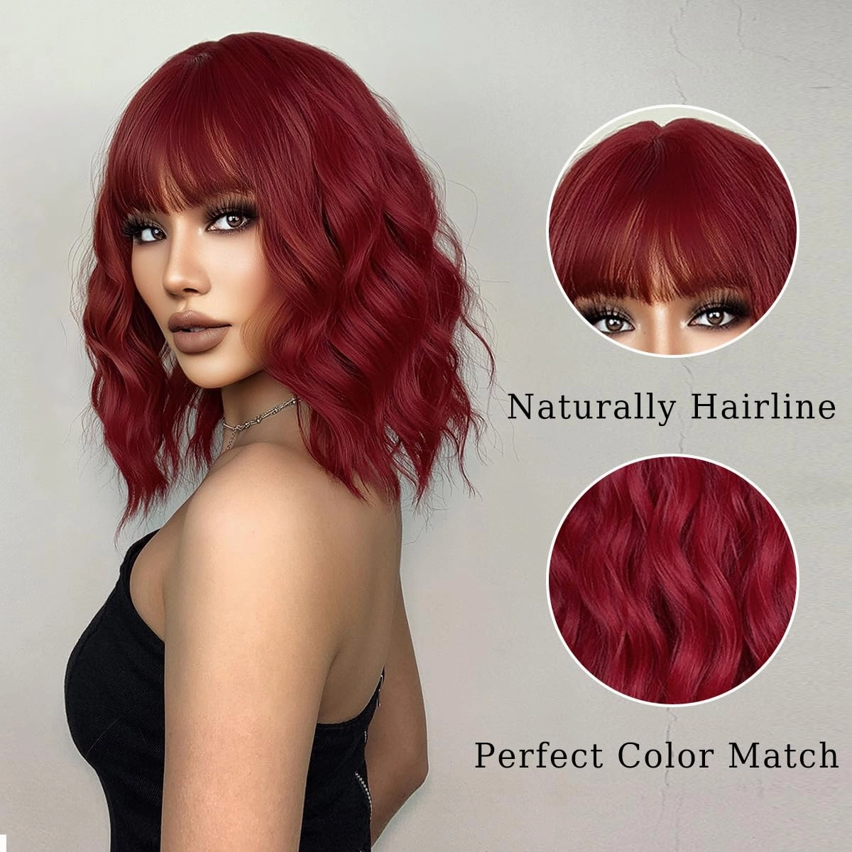 Curly Bob Wig with Bangs Short Wavy Wine Red Wigs for Women Natural Looking Synthetic Heat Resistant Fiber Burgundy Wig for Daily Party Use (Wine Red)