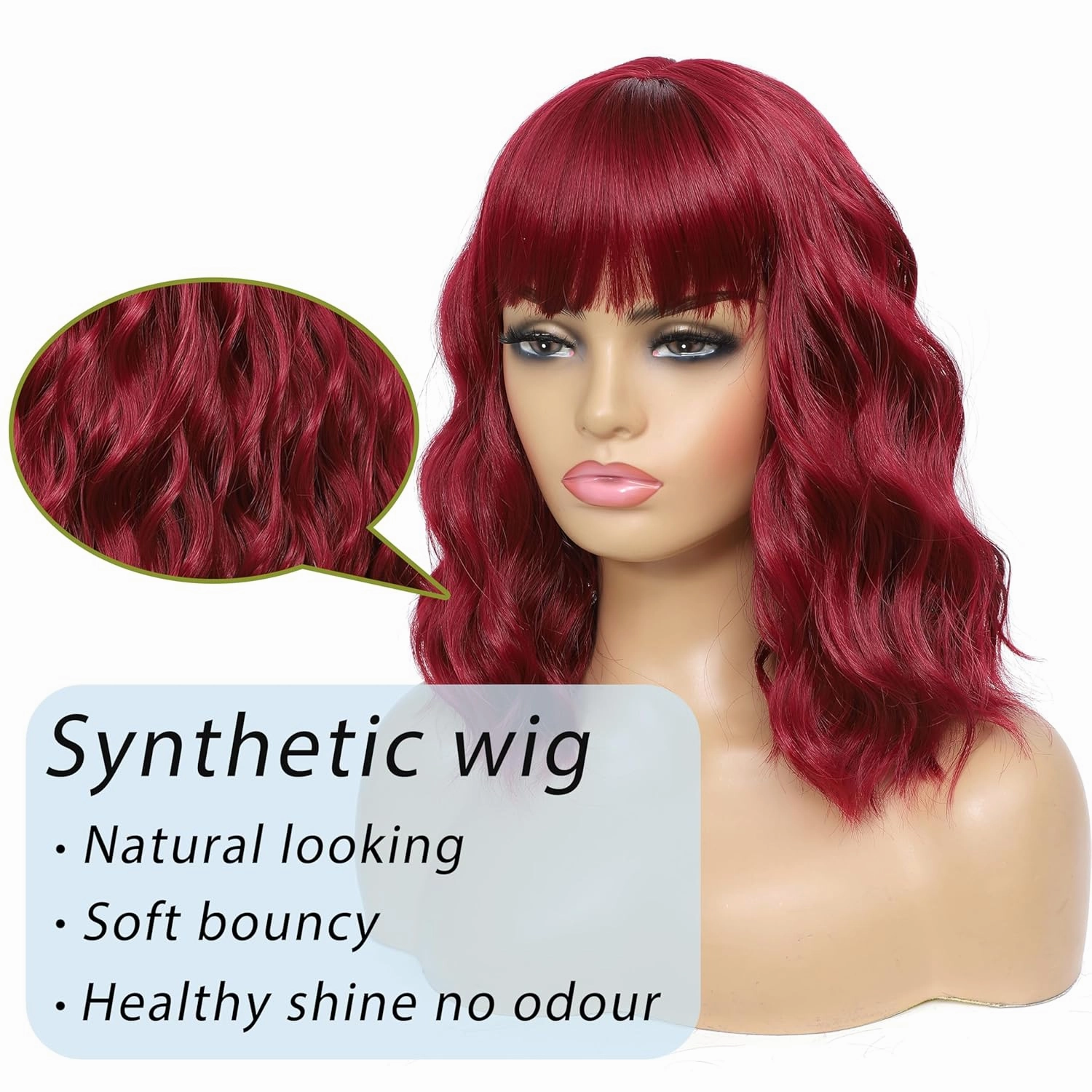 Curly Bob Wig with Bangs Short Wavy Wine Red Wigs for Women Natural Looking Synthetic Heat Resistant Fiber Burgundy Wig for Daily Party Use (Wine Red)