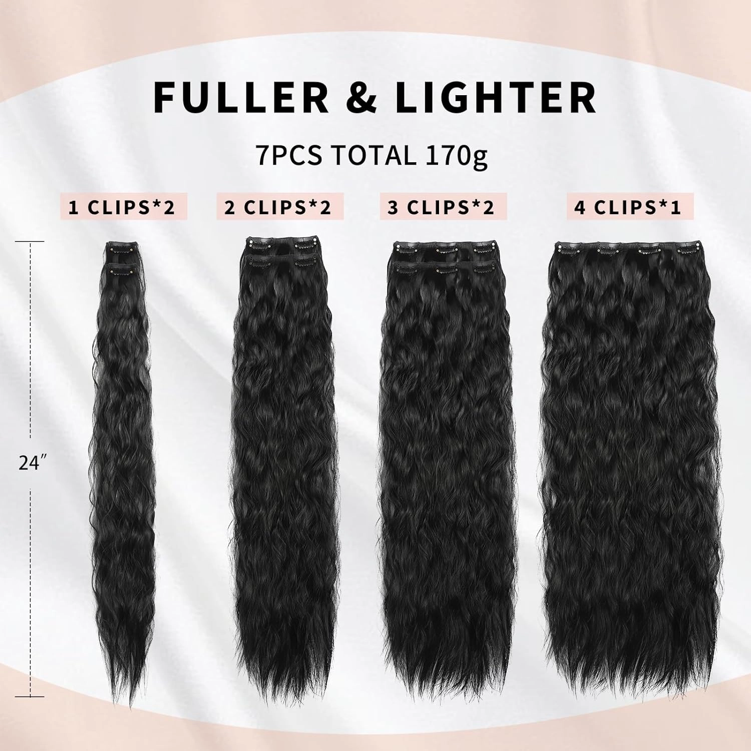 Curly Clip In Hair Extension 7PCS Natural Thick Deep Wave Hair Extension Clips Synthetic Long 24 inch hair extensions clip in Hairpiece (1B#(Pack of 7))