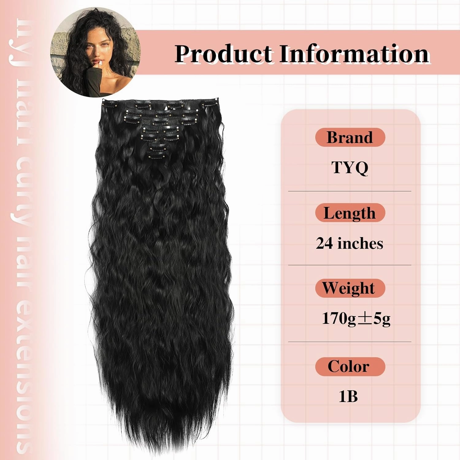 Curly Clip In Hair Extension 7PCS Natural Thick Deep Wave Hair Extension Clips Synthetic Long 24 inch hair extensions clip in Hairpiece (1B#(Pack of 7))