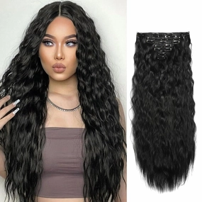 Curly Clip In Hair Extension 7PCS Natural Thick Deep Wave Hair Extension Clips Synthetic Long 24 inch hair extensions clip in Hairpiece (1B#(Pack of 7))