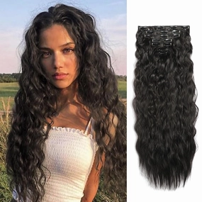 Curly Clip In Hair Extension 7PCS Natural Thick Deep Wave Hair Extension Clips Synthetic Long 24 inch hair extensions clip in Hairpiece (2#(Pack of 7))