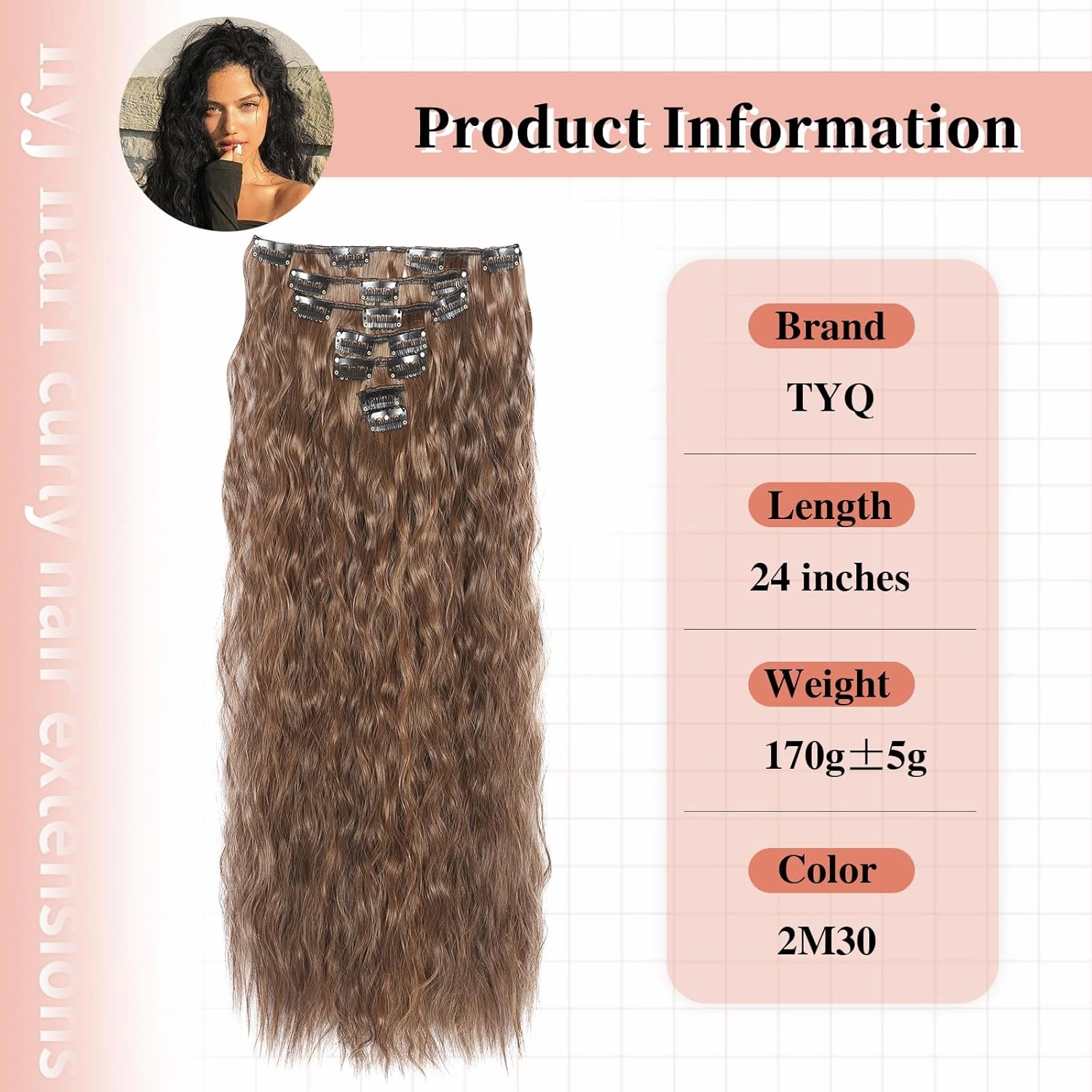 Curly Clip In Hair Extension 7PCS Natural Thick Deep Wave Hair Extension Clips Synthetic Long 24 inch hair extensions clip in Hairpiece (2M30#(Pack of 7))