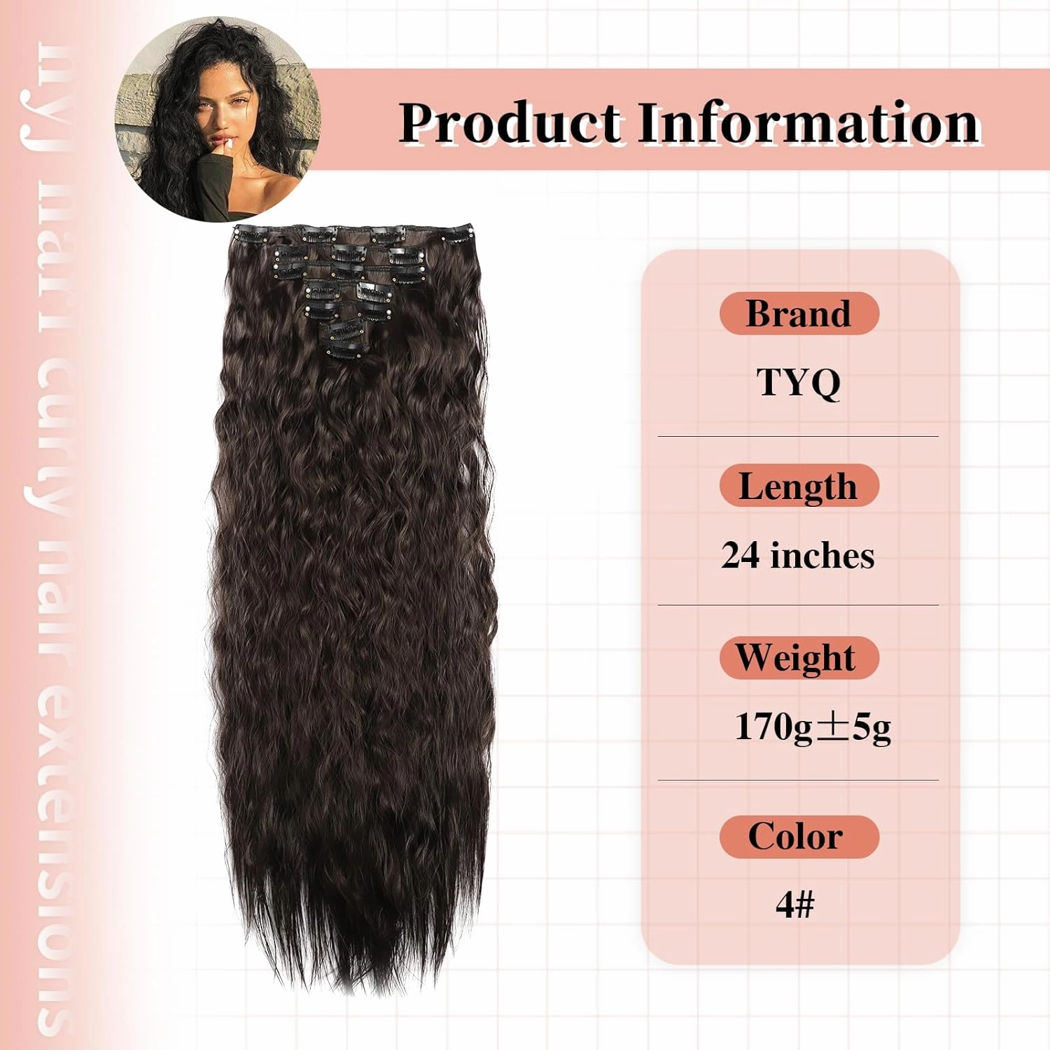 Curly Clip In Hair Extension 7PCS Natural Thick Deep Wave Hair Extension Clips Synthetic Long 24 inch hair extensions clip in Hairpiece (4#(Pack of 7)