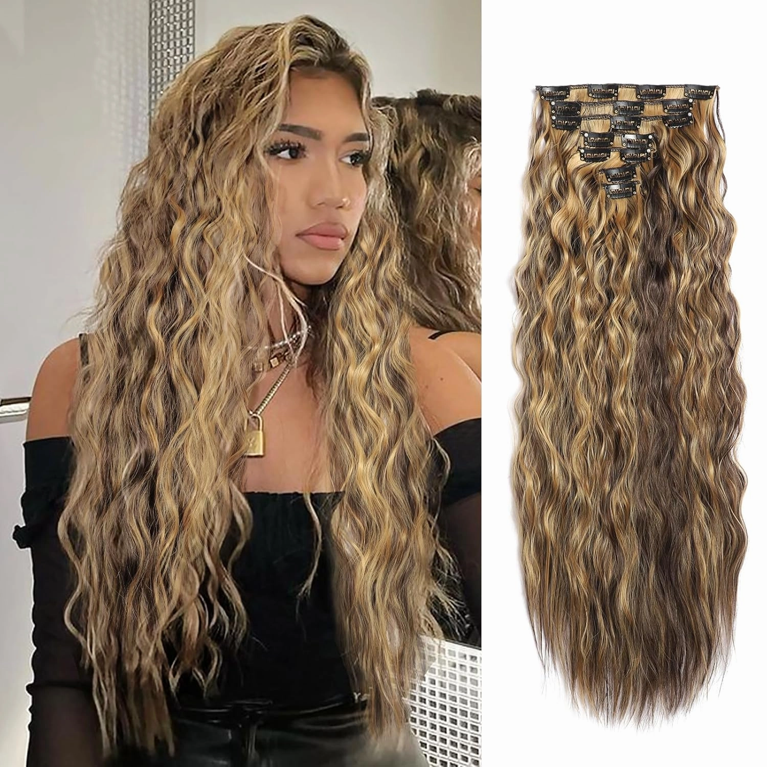 Curly Clip In Hair Extension 7PCS Natural Thick Deep Wave Hair Extension Clips Synthetic Long 24 inch hair extensions clip in Hairpiece (4H27#(Pack of 7))