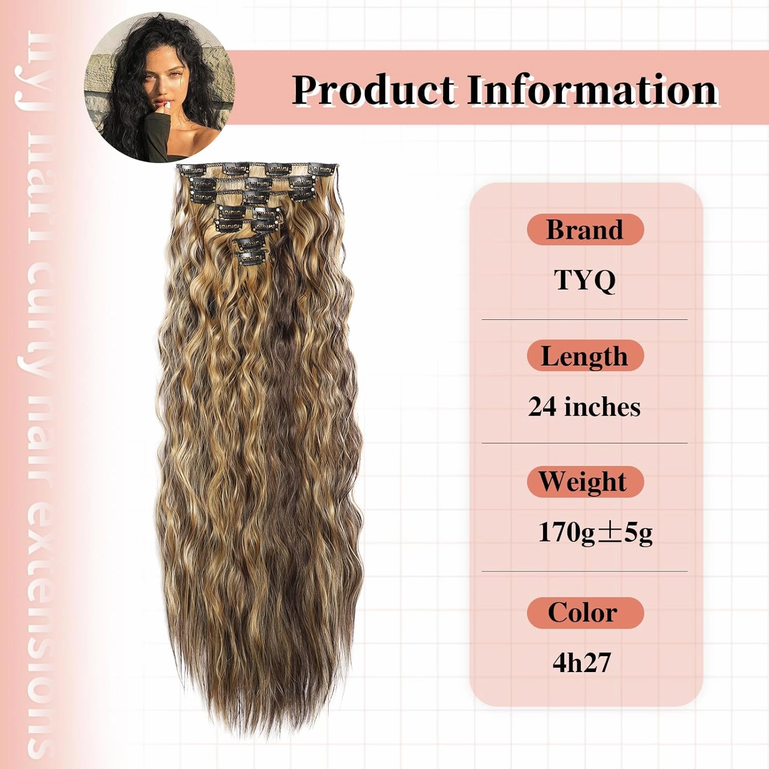 Curly Clip In Hair Extension 7PCS Natural Thick Deep Wave Hair Extension Clips Synthetic Long 24 inch hair extensions clip in Hairpiece (4H27#(Pack of 7))