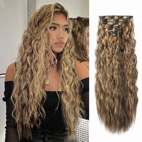 Curly Clip In Hair Extension 7PCS Natural Thick Deep Wave Hair Extension Clips Synthetic Long 24 inch hair extensions clip in Hairpiece (4H27#(Pack of 7))
