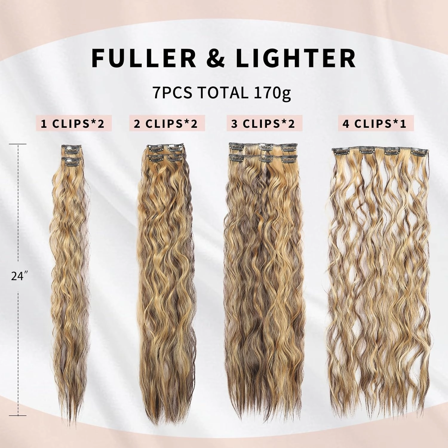 Curly Clip In Hair Extension 7PCS Natural Thick Deep Wave Hair Extension Clips Synthetic Long 24 inch hair extensions clip in Hairpiece (4H27#(Pack of 7))