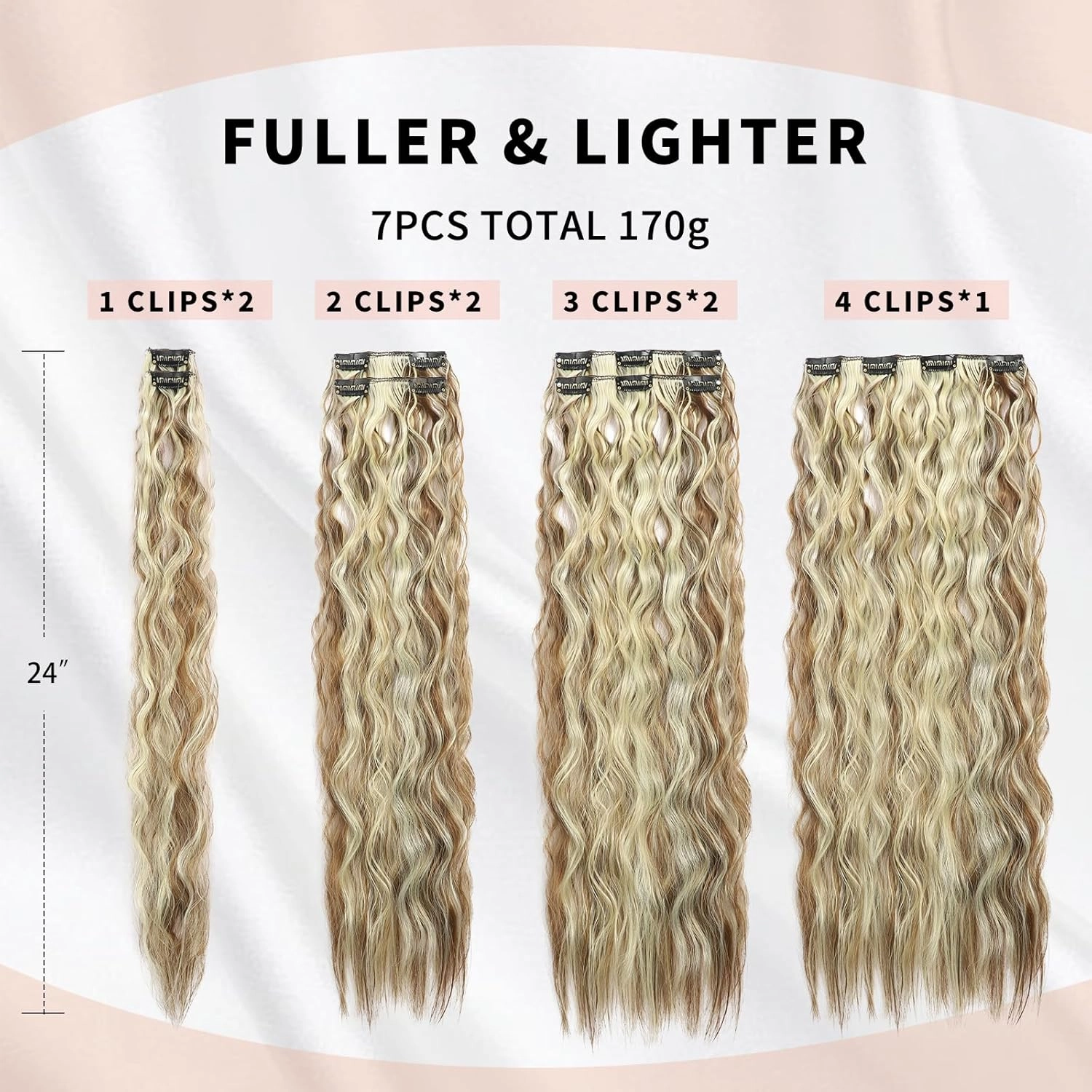 Curly Clip In Hair Extension 7PCS Natural Thick Deep Wave Hair Extension Clips Synthetic Long 24 inch hair extensions clip in Hairpiece (6H613#(Pack of 7))
