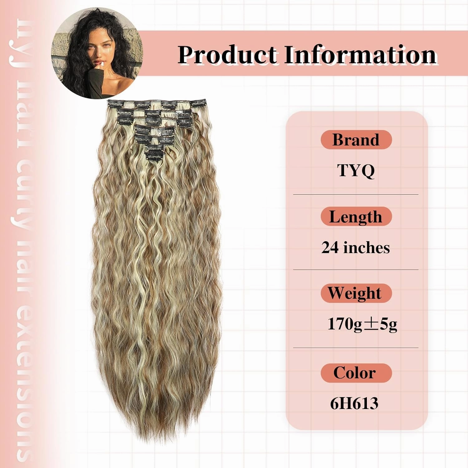 Curly Clip In Hair Extension 7PCS Natural Thick Deep Wave Hair Extension Clips Synthetic Long 24 inch hair extensions clip in Hairpiece (6H613#(Pack of 7))