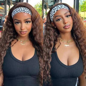 Curly Headband Wig for Women, 20 Inch Wear and Go Glueless Wigs Deep Wave Wig Half Wig As Human Hair with 1 Headband, 180% Density Synthetic Wigs None Lace Front, Brown