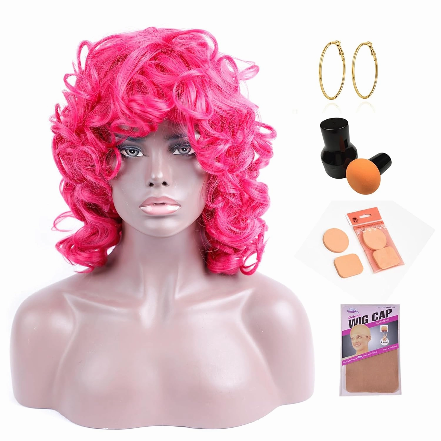 Curly Wig for Black Women Soft Short Curly Wig with Bangs for American Women（Large Earrings Makeup Sponge） (Hot Pink)