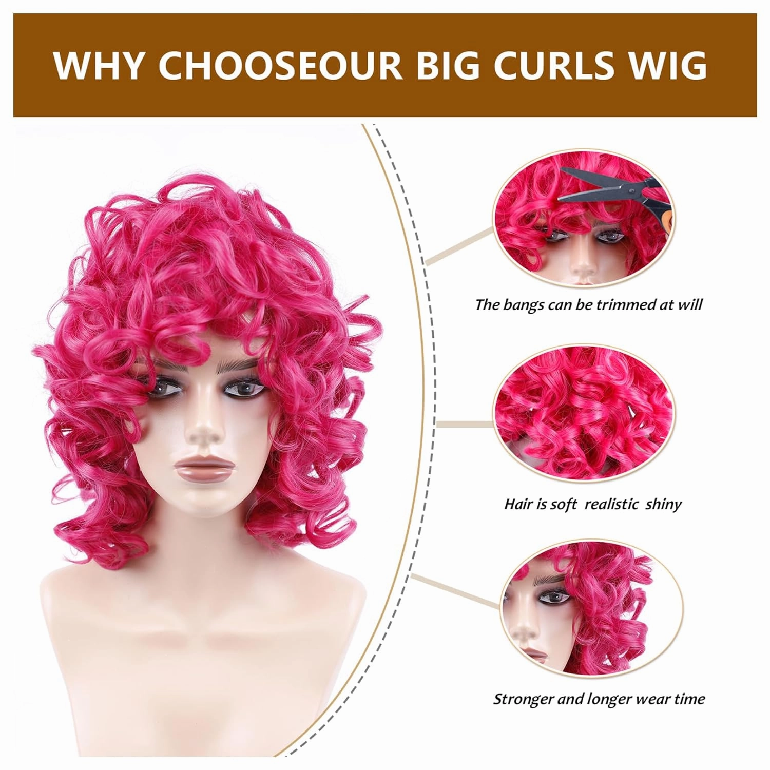 Curly Wig for Black Women Soft Short Curly Wig with Bangs for American Women（Large Earrings Makeup Sponge） (Hot Pink)