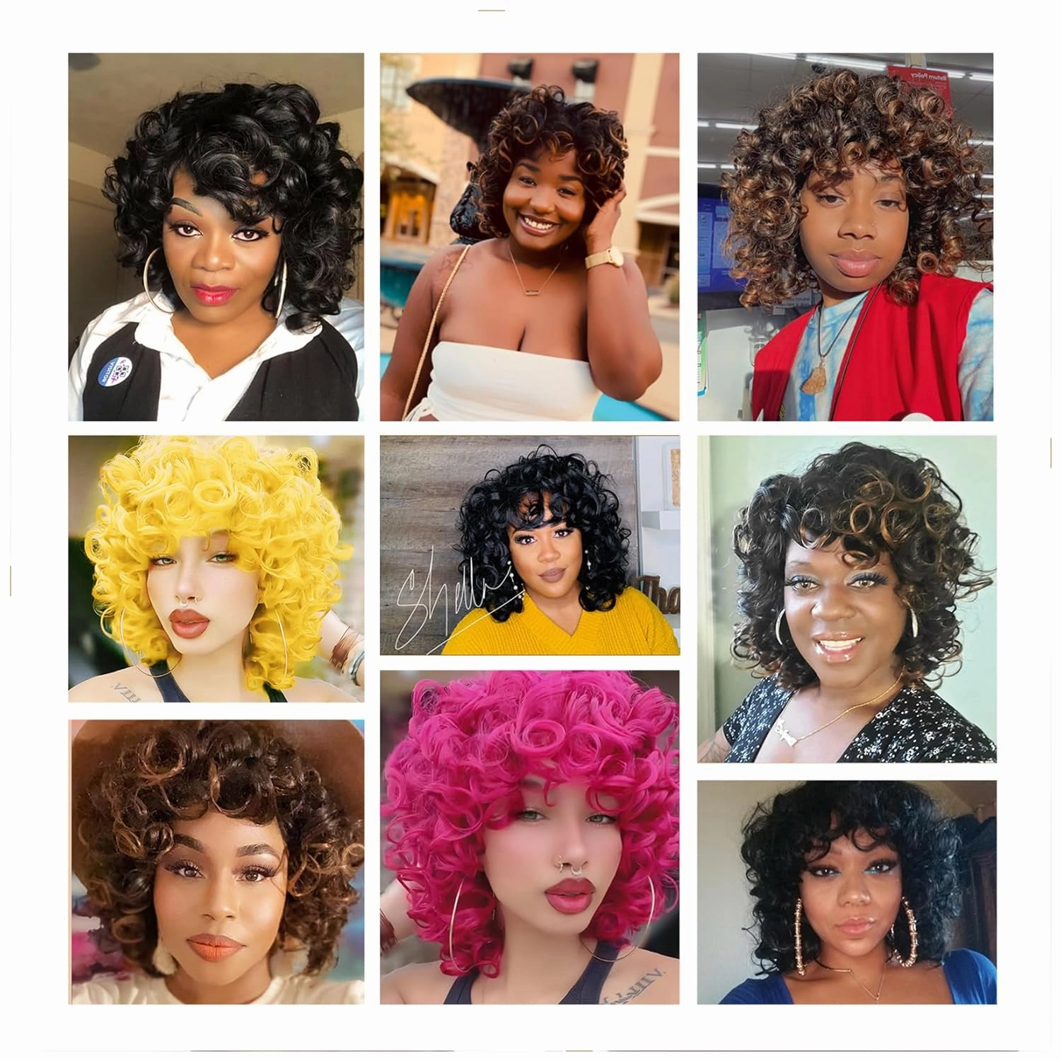 Curly Wig for Black Women Soft Short Curly Wig with Bangs for American Women（Large Earrings Makeup Sponge） (Hot Pink)