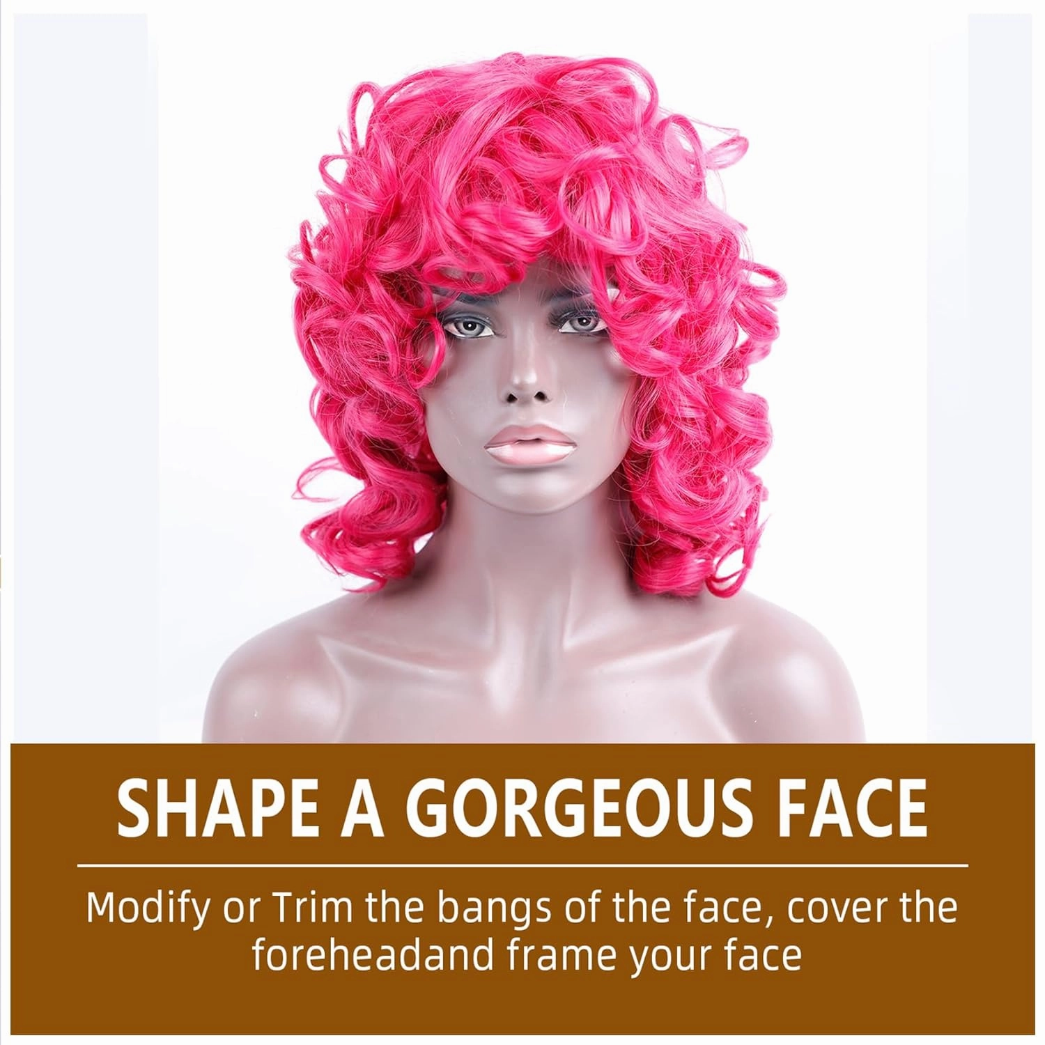 Curly Wig for Black Women Soft Short Curly Wig with Bangs for American Women（Large Earrings Makeup Sponge） (Hot Pink)