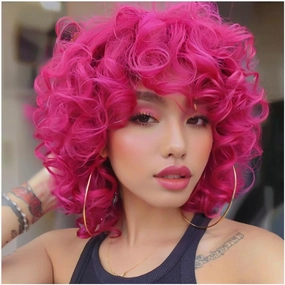 Curly Wig for Black Women Soft Short Curly Wig with Bangs for American Women（Large Earrings Makeup Sponge） (Hot Pink)