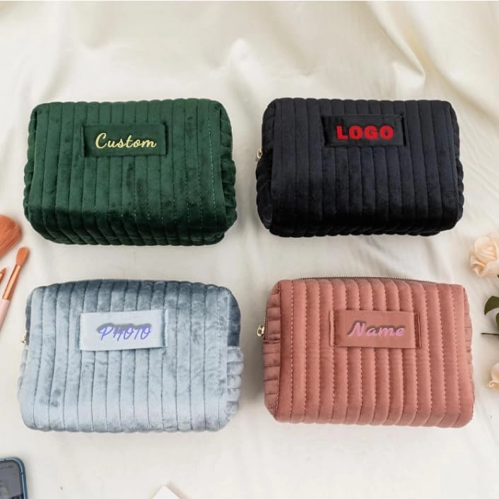 Custom Cosmetic Bag Personalized Makeup Bag with Logo/Photo/Picture/Text/Image Design,Velvet Quilted Travel Toiletry Pouch Accessories Brushes Girls Women Gift for Wedding Birthday,Small Green/Black