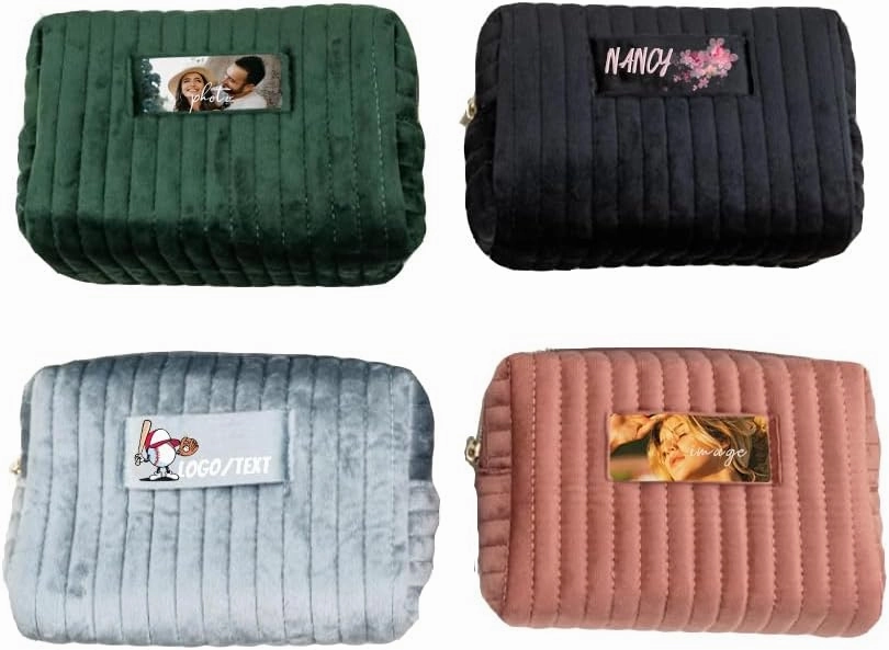 Custom Cosmetic Bag Personalized Makeup Bag with Logo/Photo/Picture/Text/Image Design,Velvet Quilted Travel Toiletry Pouch Accessories Brushes Girls Women Gift for Wedding Birthday,Small Green/Black