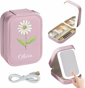 Custom Name Travel Makeup Bag with Led Mirror, Travel Jewelry Box with Mirror, Mini Makeup Mirror with Light, Personalized Gifts for Women