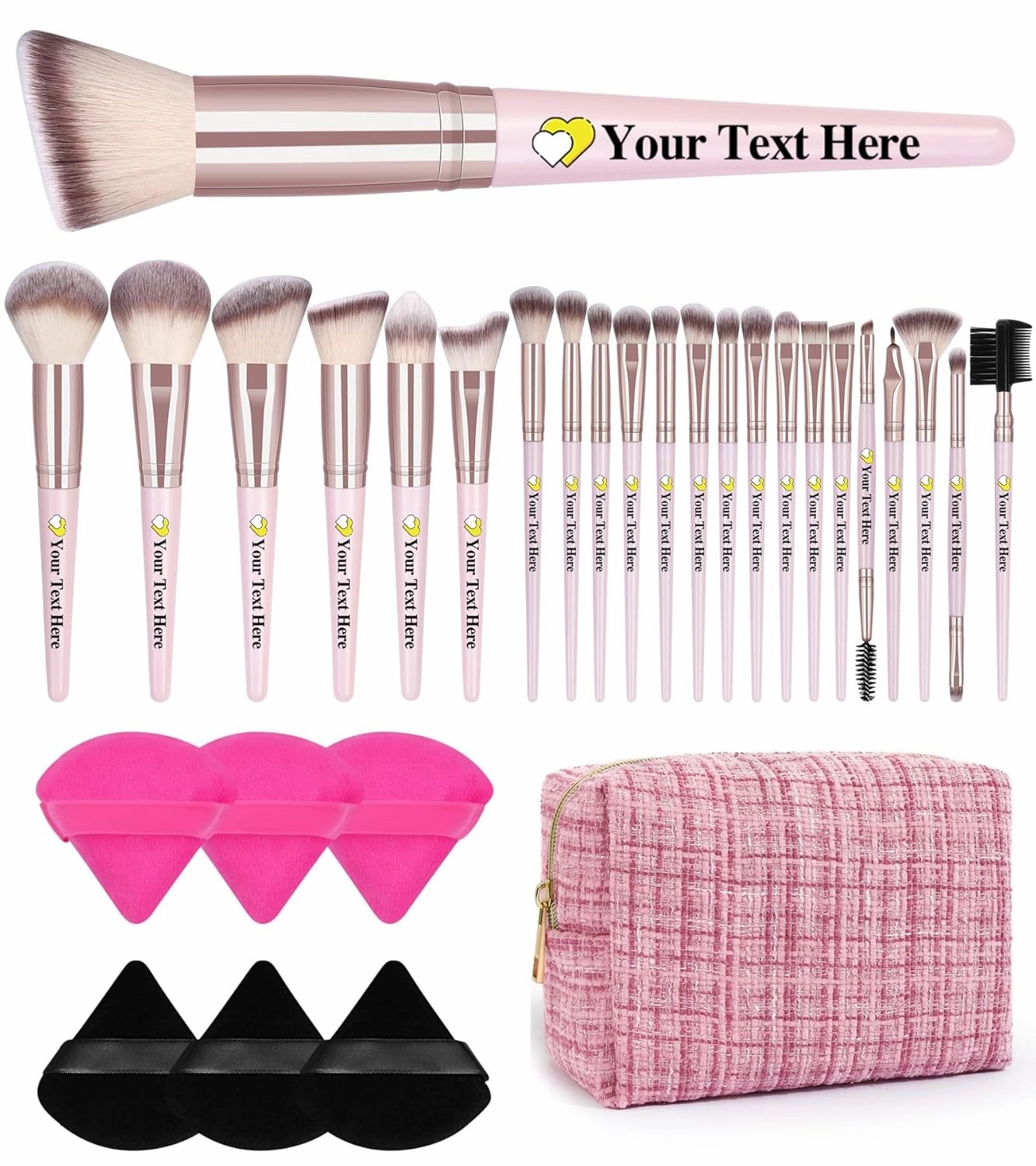 Customizable Makeup Brushes with Your Text Logo,29 Pcs Makeup Kit, Multi-functional Makeup Tool Set with Personalized Makeup Brush Cosmetic Bag Powder Puffs Makeup Brushes Set (Pinkgold, 29 Piece Set)