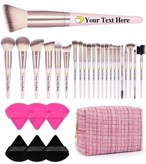 Customizable Makeup Brushes with Your Text Logo,29 Pcs Makeup Kit, Multi-functional Makeup Tool Set with Personalized Makeup Brush Cosmetic Bag Powder Puffs Makeup Brushes Set (Pinkgold, 29 Piece Set)
