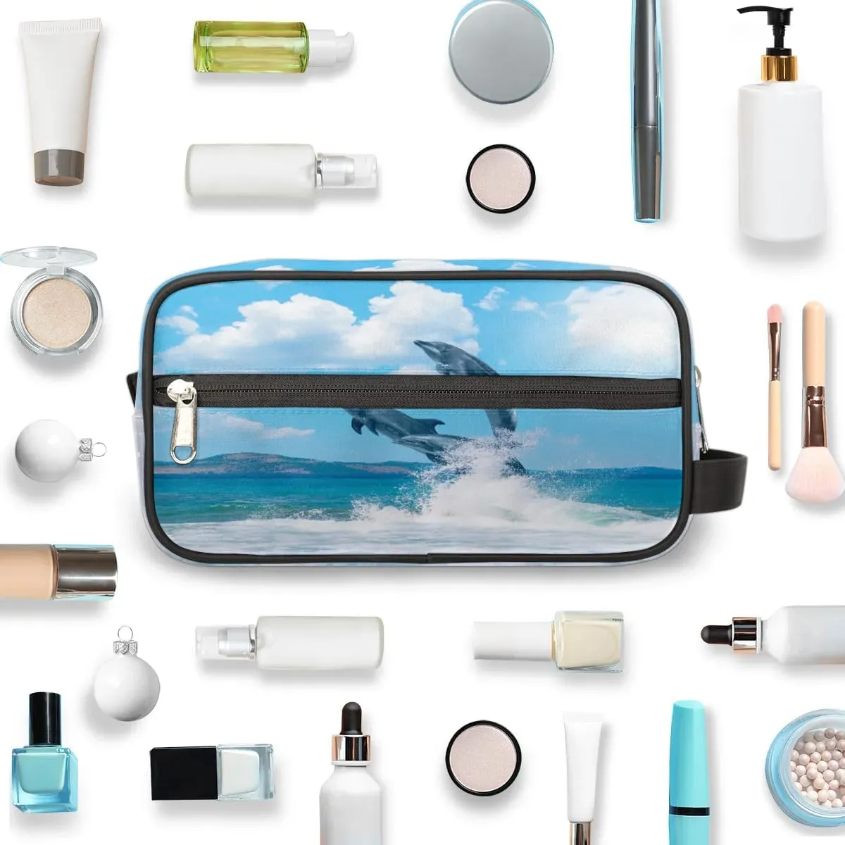 Cute Dolphins Paint Travel Toiletry Bag for Women Men Small Cosmetic Makeup Organizer Water Resistant Shaving Bag Portable Make Up Bag Storage Bags with Handle