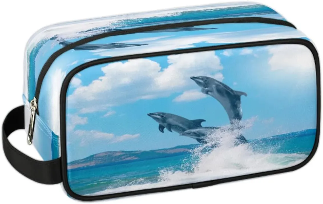Cute Dolphins Paint Travel Toiletry Bag for Women Men Small Cosmetic Makeup Organizer Water Resistant Shaving Bag Portable Make Up Bag Storage Bags with Handle