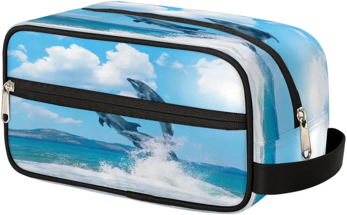 Cute Dolphins Paint Travel Toiletry Bag for Women Men Small Cosmetic Makeup Organizer Water Resistant Shaving Bag Portable Make Up Bag Storage Bags with Handle