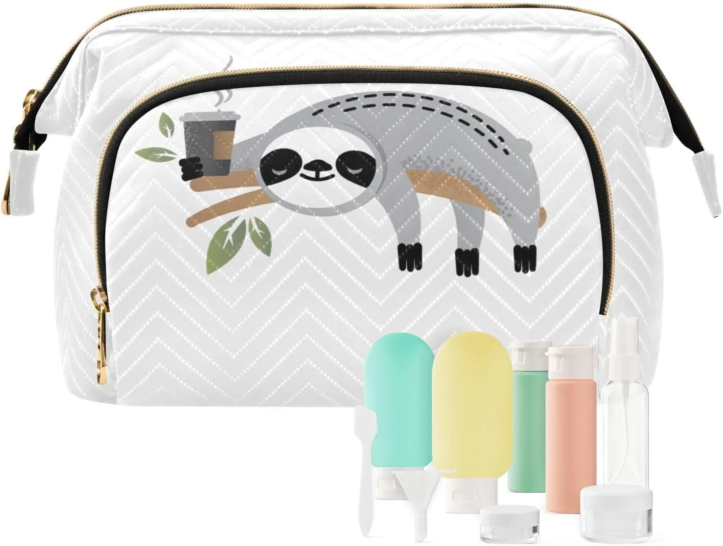 Cute Grey Sloths on Tree Branches with Green Leaves Women Cosmetic Bag Makeup Bag Stylish Trip Beauty Bag Travel Toiletry Bag with Bottle Organizer 10.2 x 5.9 x 6.7 inch