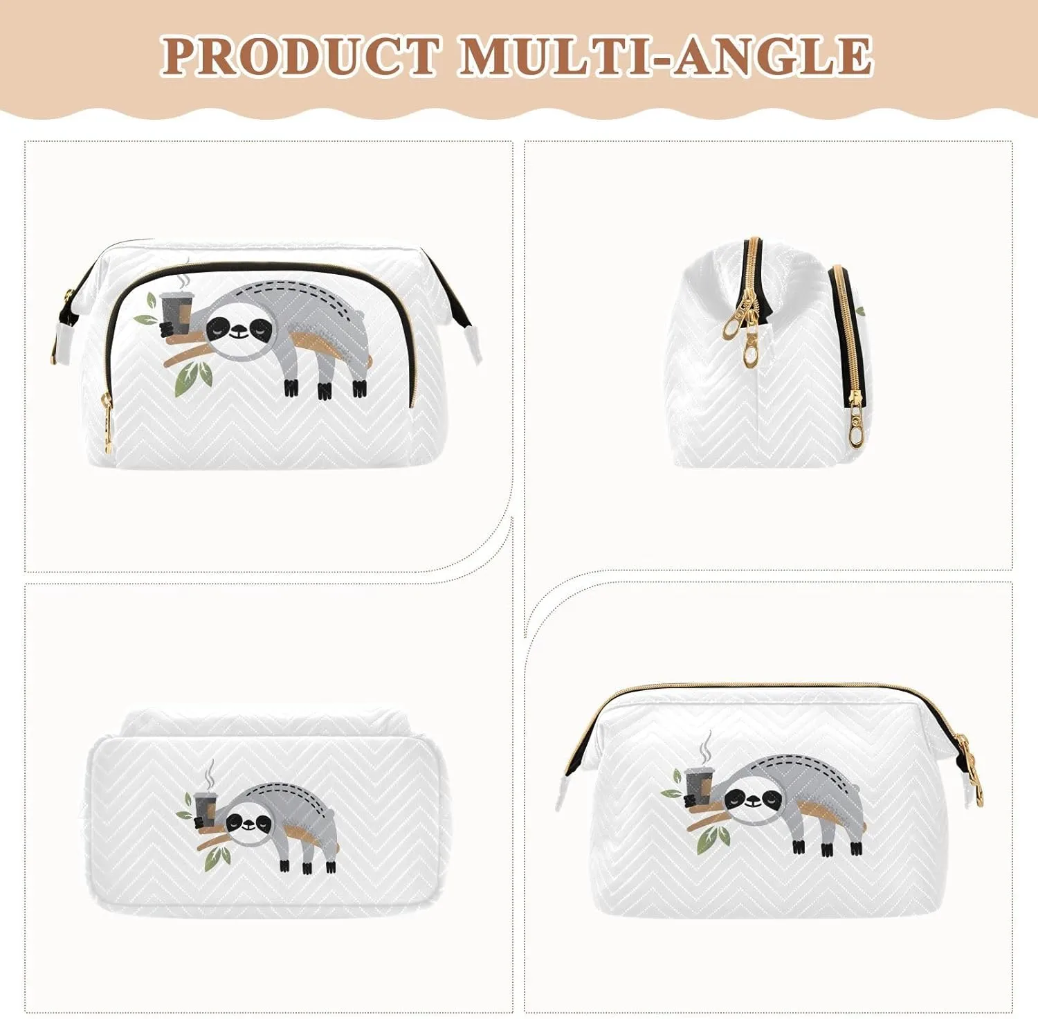Cute Grey Sloths on Tree Branches with Green Leaves Women Cosmetic Bag Makeup Bag Stylish Trip Beauty Bag Travel Toiletry Bag with Bottle Organizer 10.2 x 5.9 x 6.7 inch
