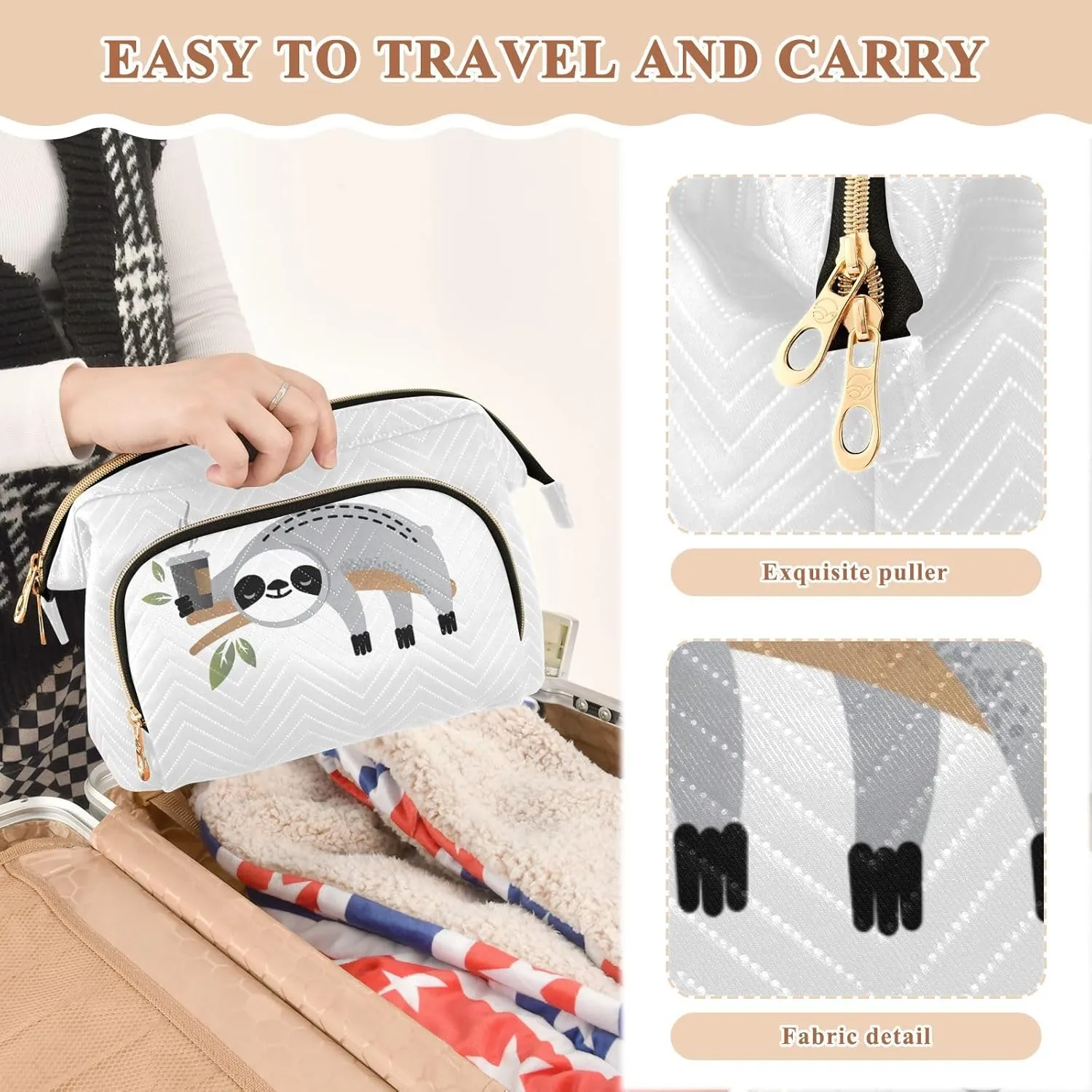 Cute Grey Sloths on Tree Branches with Green Leaves Women Cosmetic Bag Makeup Bag Stylish Trip Beauty Bag Travel Toiletry Bag with Bottle Organizer 10.2 x 5.9 x 6.7 inch
