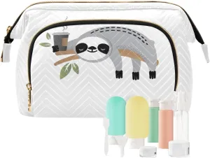 Cute Grey Sloths on Tree Branches with Green Leaves Women Cosmetic Bag Makeup Bag Stylish Trip Beauty Bag Travel Toiletry Bag with Bottle Organizer 10.2 x 5.9 x 6.7 inch