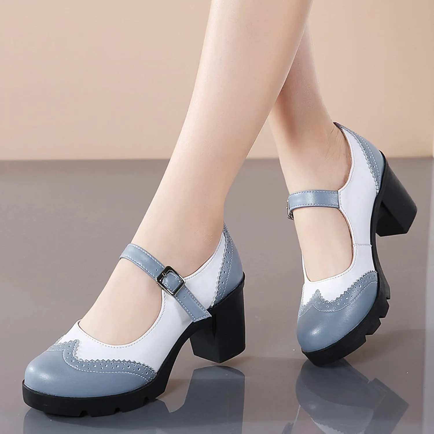 DADAWEN Women's Chunky Low Block Heels Mary Jane Closed Toe Work Pumps Comfortable Round Toe Oxfords Dress Wedding Shoes
