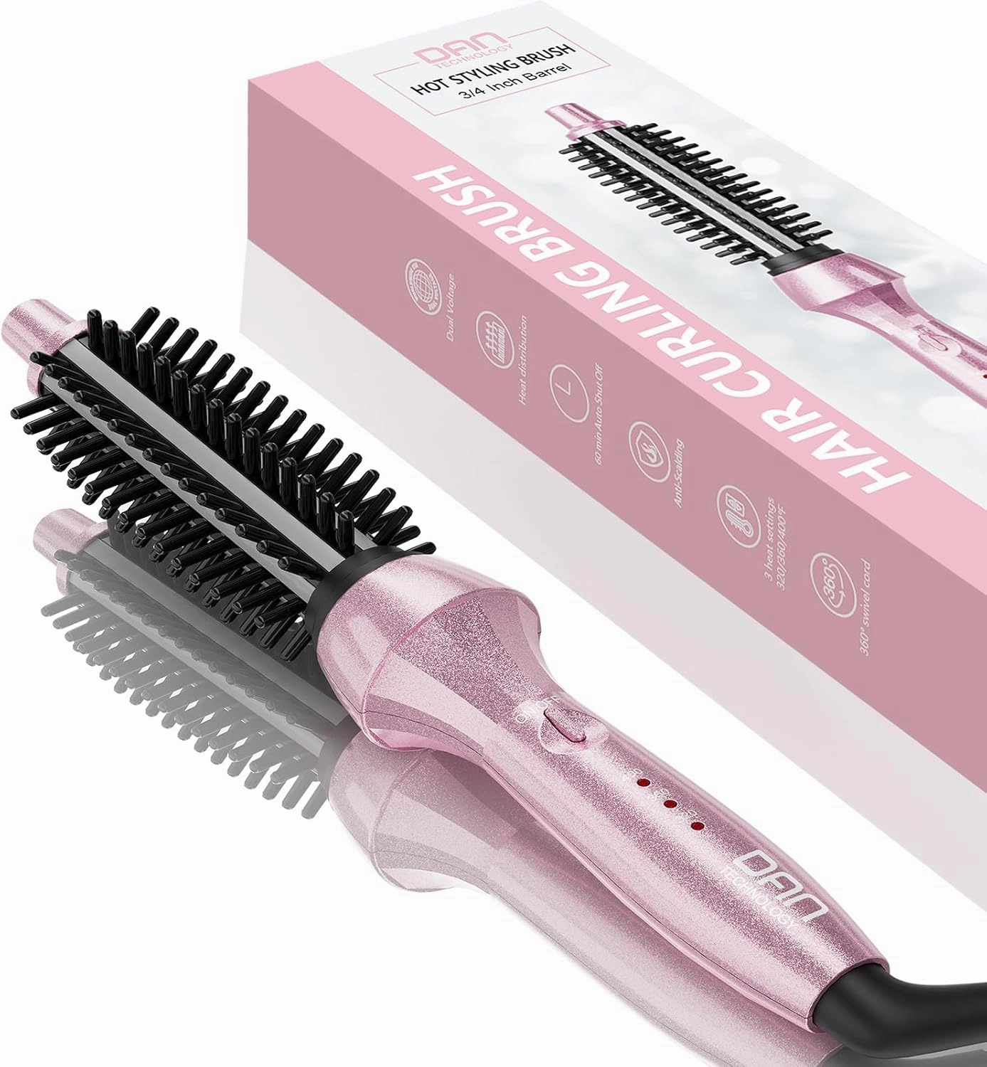 DAN Technology Curling Iron Brush, 1 inch, Ceramic, Pink, Adjustable Temperature, Dual Voltage, Fast Heating, Anti-Scald, Safety Auto Shut Off, for Curly Hair, HAIR IRON