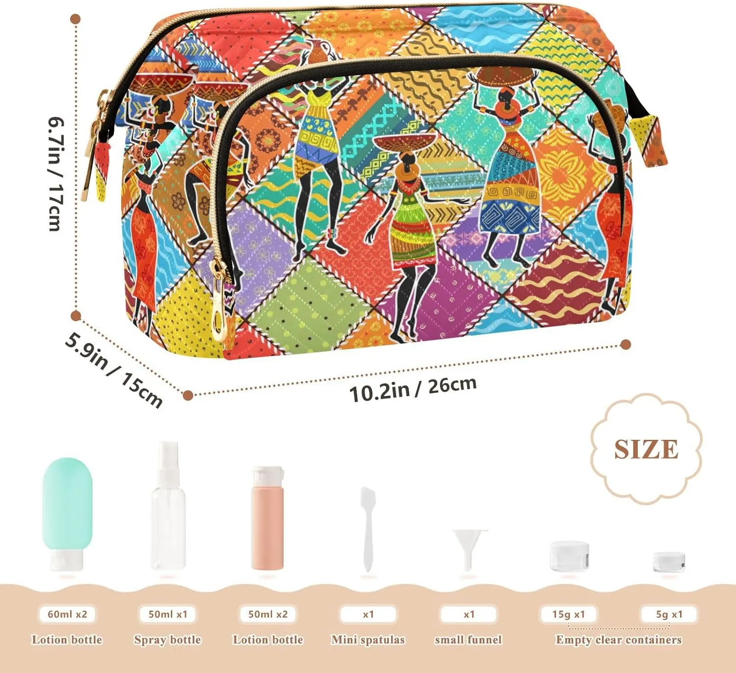 Dancing Black African Women Colorful Ethnic Tribal Patchwork Women Cosmetic Bag Makeup Bag Stylish Trip Beauty Bag Travel Toiletry Bag with Bottle Organizer 10.2 x 5.9 x 6.7 inch