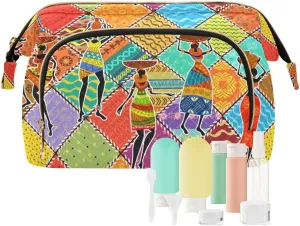 Dancing Black African Women Colorful Ethnic Tribal Patchwork Women Cosmetic Bag Makeup Bag Stylish Trip Beauty Bag Travel Toiletry Bag with Bottle Organizer 10.2 x 5.9 x 6.7 inch