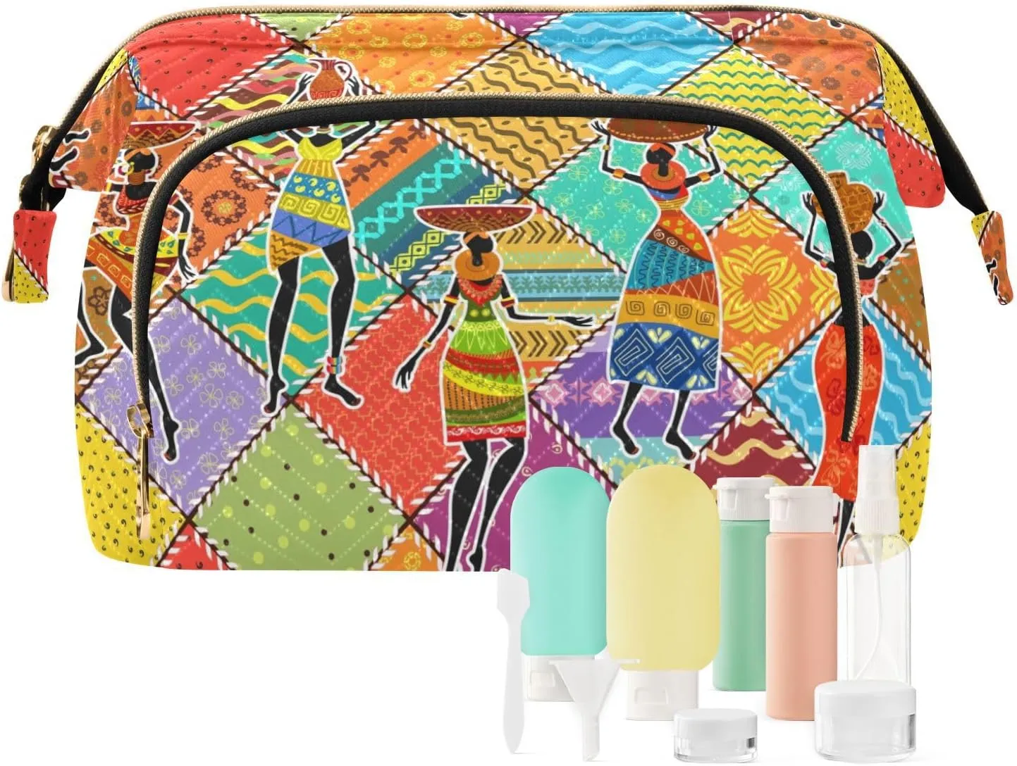 Dancing Black African Women Colorful Ethnic Tribal Patchwork Women Cosmetic Bag Makeup Bag Stylish Trip Beauty Bag Travel Toiletry Bag with Bottle Organizer 10.2 x 5.9 x 6.7 inch