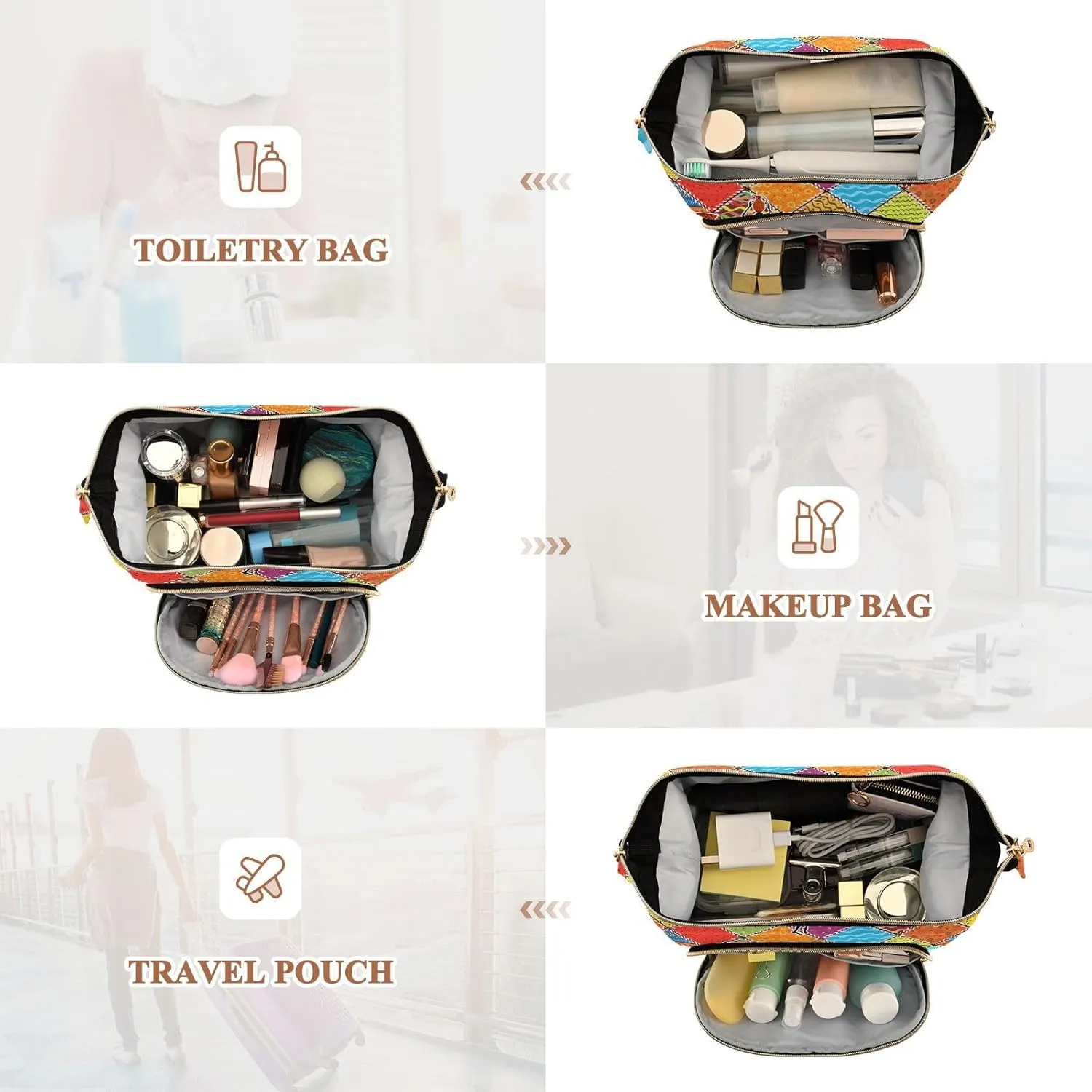 Dancing Black African Women Colorful Ethnic Tribal Patchwork Women Cosmetic Bag Makeup Bag Stylish Trip Beauty Bag Travel Toiletry Bag with Bottle Organizer 10.2 x 5.9 x 6.7 inch