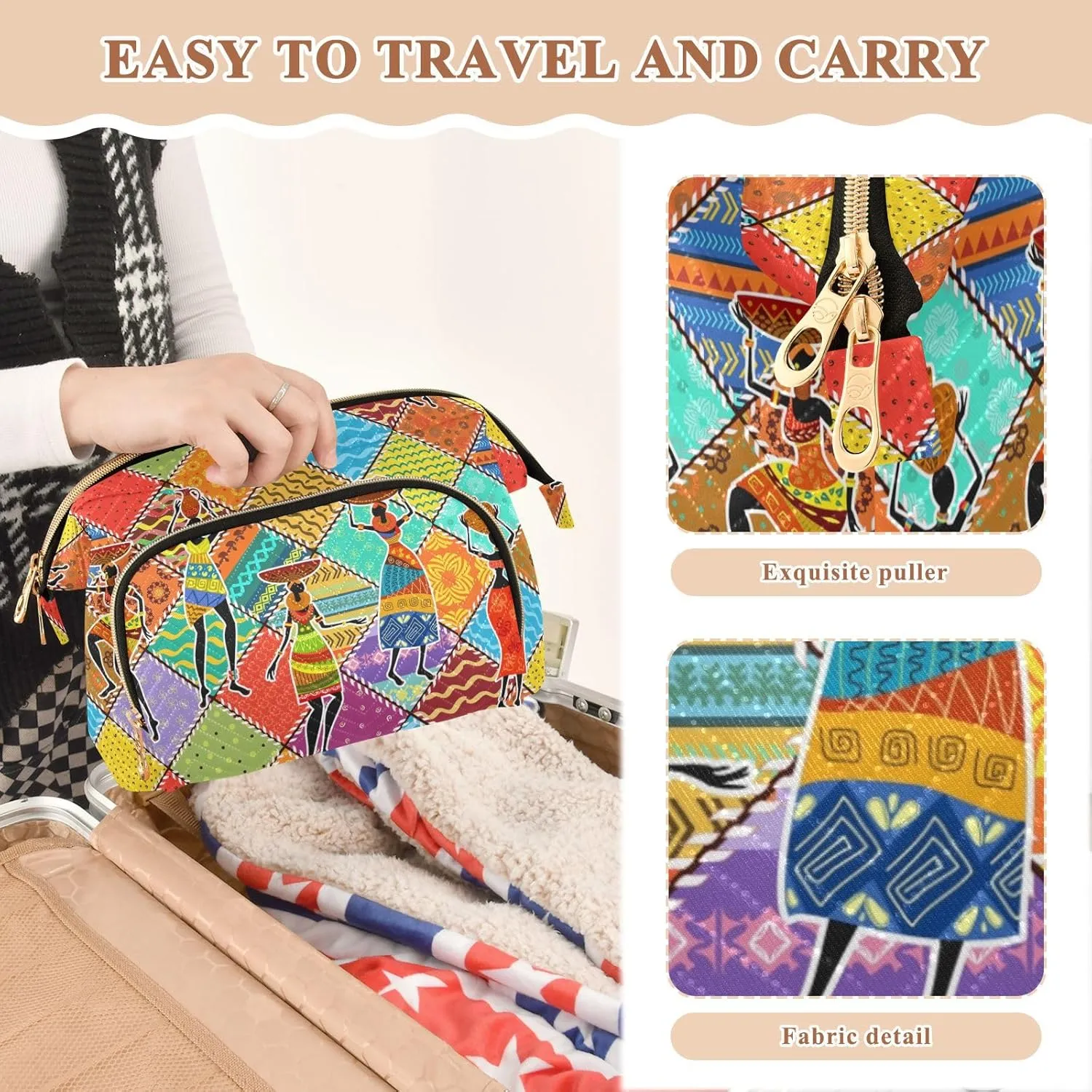 Dancing Black African Women Colorful Ethnic Tribal Patchwork Women Cosmetic Bag Makeup Bag Stylish Trip Beauty Bag Travel Toiletry Bag with Bottle Organizer 10.2 x 5.9 x 6.7 inch