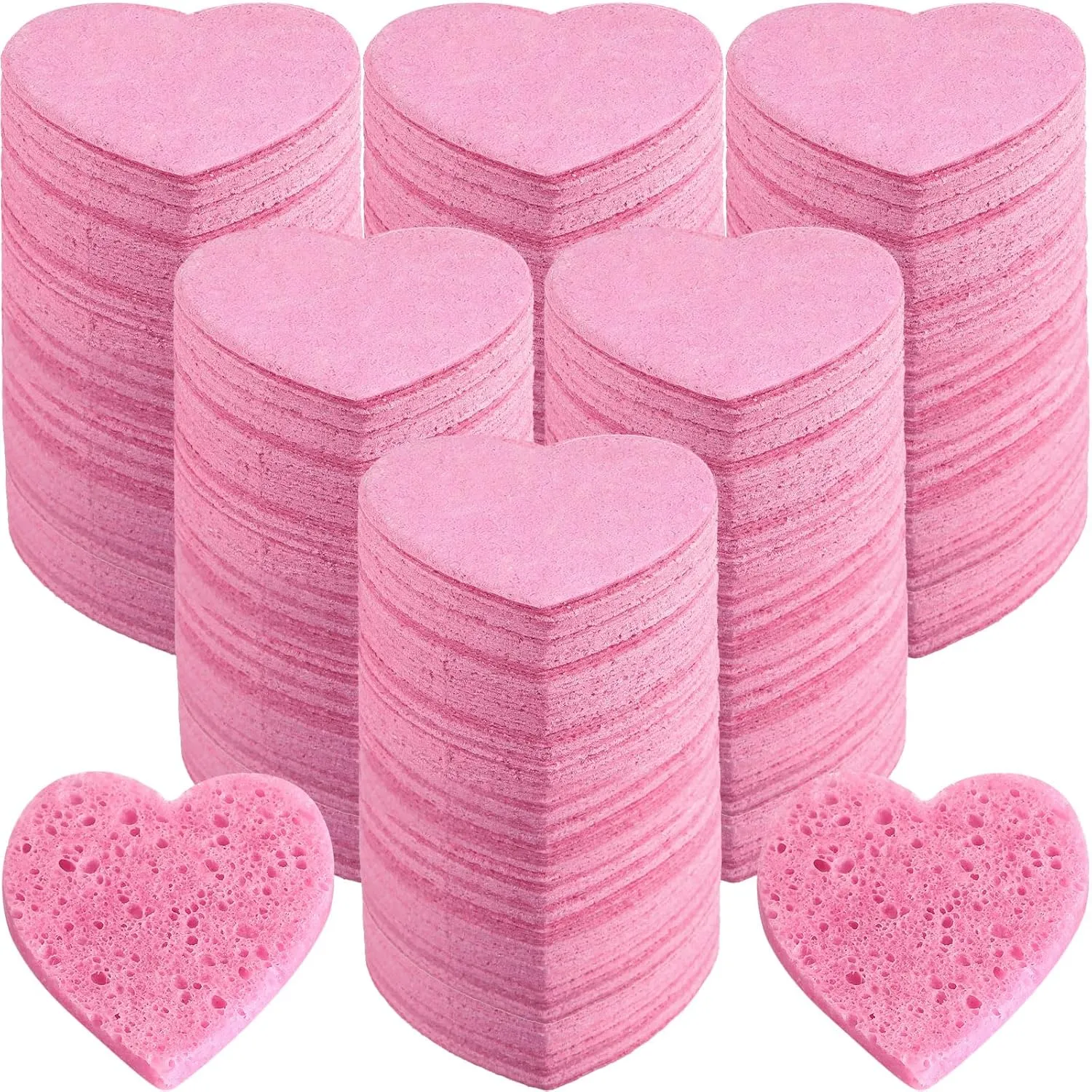 Dandat 300 Count Compressed Facial Sponges Heart Shape Face Sponges for Cleansing Natural Facial Exfoliating Pads for Estheticians(Pink)