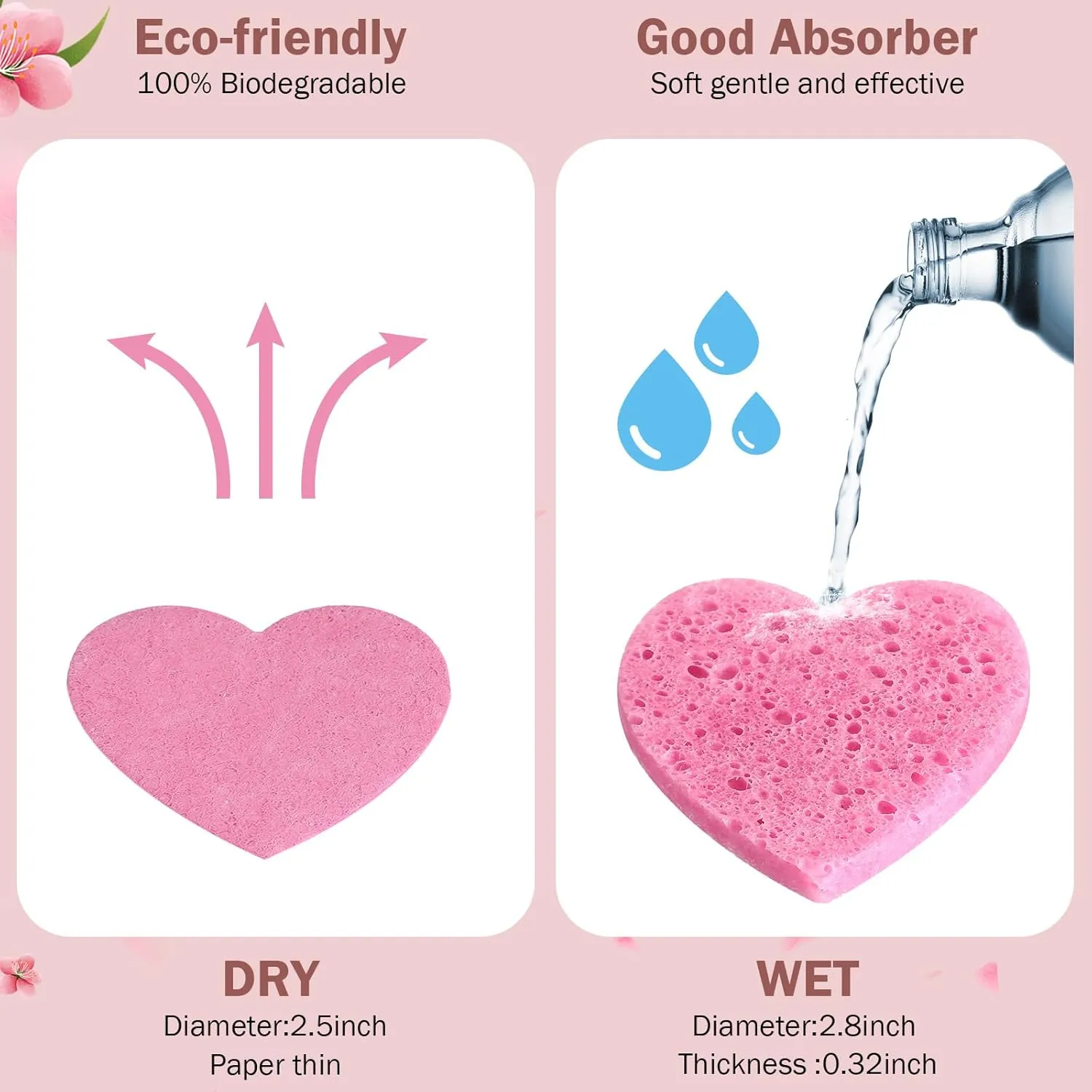 Dandat 300 Count Compressed Facial Sponges Heart Shape Face Sponges for Cleansing Natural Facial Exfoliating Pads for Estheticians(Pink)