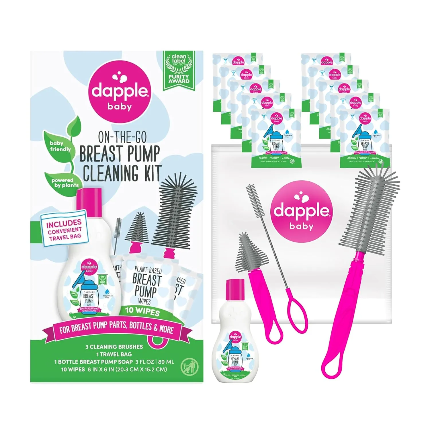Dapple Breast Pump Cleaning Kit, 3 Baby Bottle Cleaning Brushes, Hypoallergenic & Powered by Plants, Removes Milk Residue, Leaves No Taste, 3oz Soap, 10ct Wipes 3 Cleaning Brushes