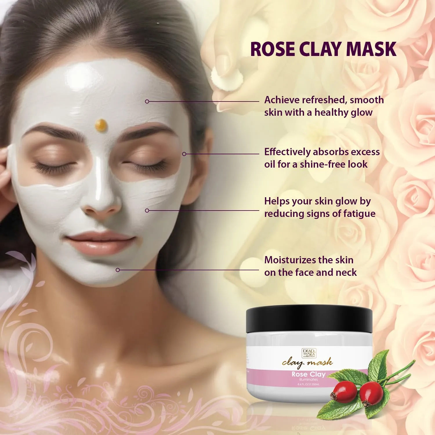 Dead Sea Collection Clay Mask with Rose Hip Oil for Face - Deep Cleansing Skin Care Spa Facial Mask with Dead Sea Minerals - Nourishing and Moisturizing Skin (8.4 fl.oz)