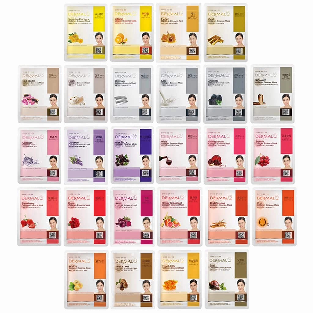DERMAL Korea Collagen Essence Full Face Facial Mask Sheet 26 Yellow & Red Combo Pack - Skin Nourishing Elasticity