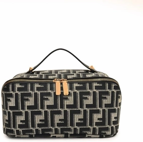 Designer Monogram Makeup Bag, Large Capacity Cosmetic Case with Handle, Makeup bag，Black and Brown (Black)