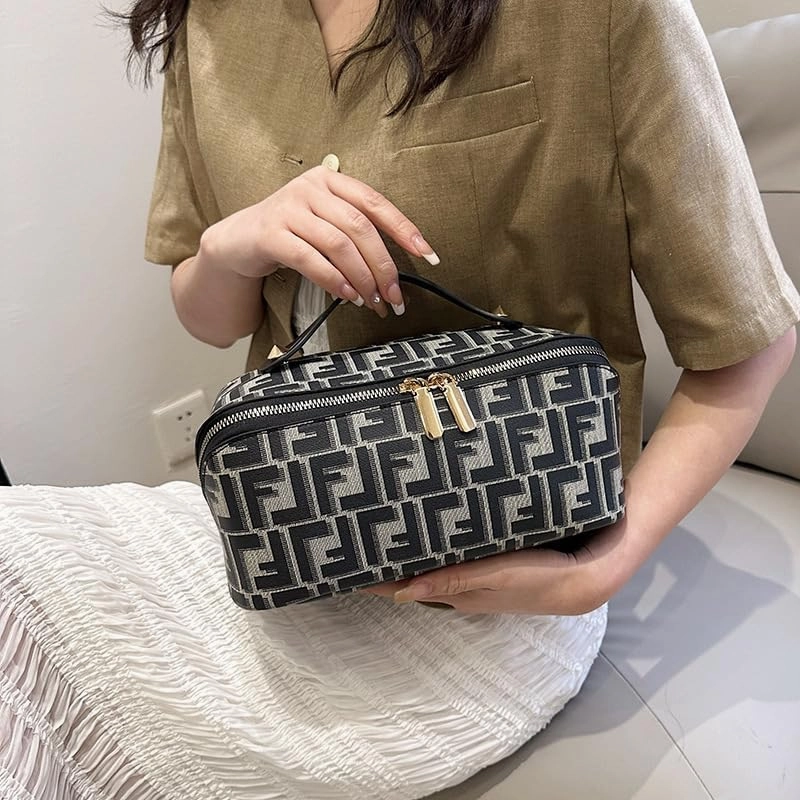 Designer Monogram Makeup Bag, Large Capacity Cosmetic Case with Handle, Makeup bag，Black and Brown (Black)
